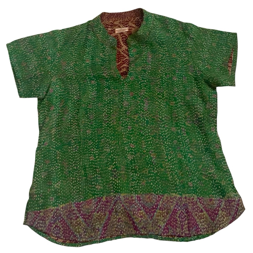 Green Patterned Short Sleeve Top